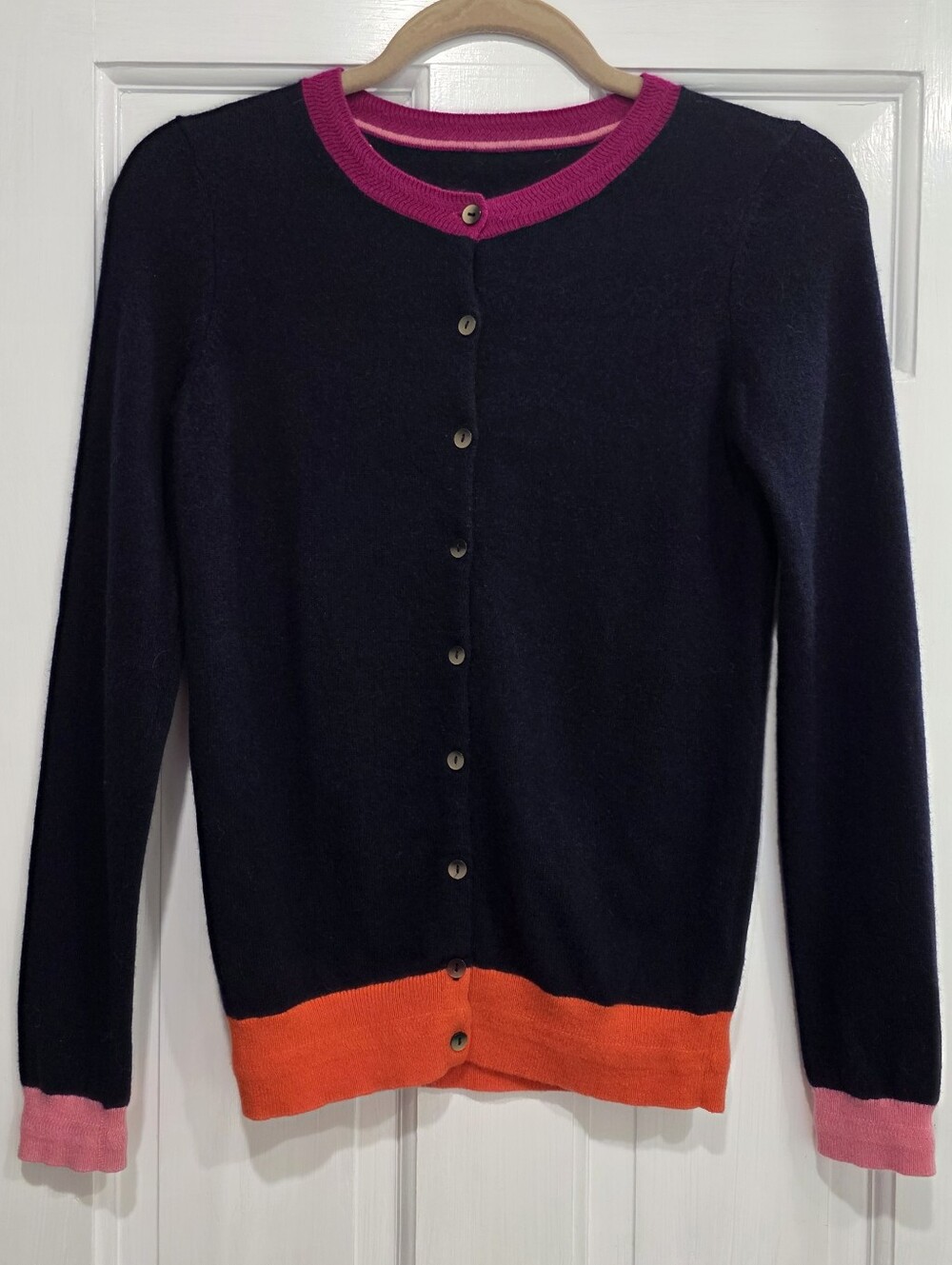 100% Cashmere Navy Cardigan with Pink Collar & Cuffs and Orange Hem
